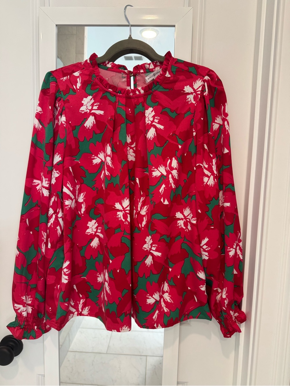 Michelle McDowell Red and Green Poinsetta Floral Blouse